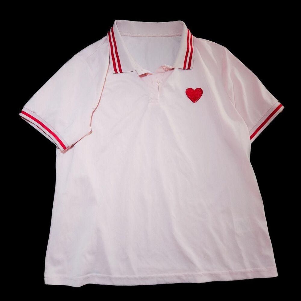 Pastel Pink Embroidered Heart Preppy Polo - Size L